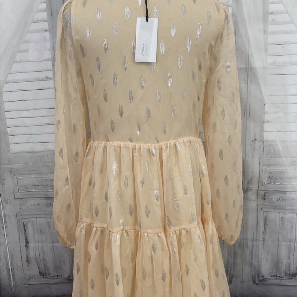 A Loves A Peach Silver Button Babydoll Mini Dress Long Sleeve NWT size Large - Picture 8 of 12